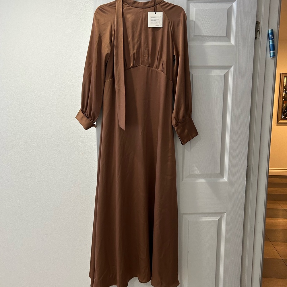 Long Sleeve Brown Maxi Dress with Neck Tie